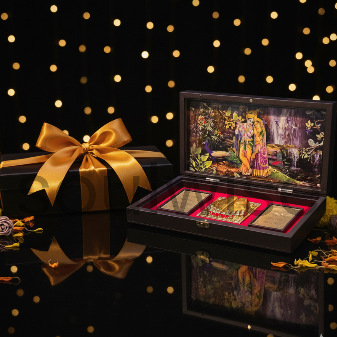 Diwali Pocket Temple - Radha-Krishna Decorative Gift Box with Chaupai & Charan Paduka | Handcrafted Wooden Mini Mandir