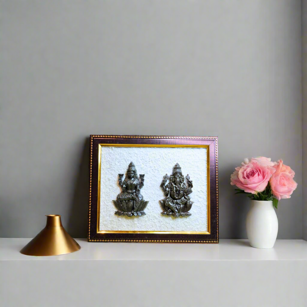 Maa Laxmi & Lord Ganesh Pyrite with Selenite Healing Crystals Frame – Vastu Spiritual Decorative Gift for Home, Office, Wealth & Positivity.