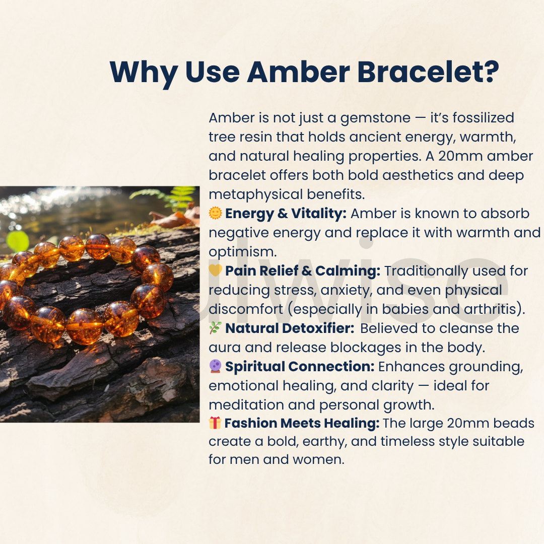 Natural Amber Healing Bracelet – 20mm Round Beads for Men & Women | Raw Baltic Amber | Pain Relief, Energy, and Grounding | Crystal Jewelry for Spiritual Wellness