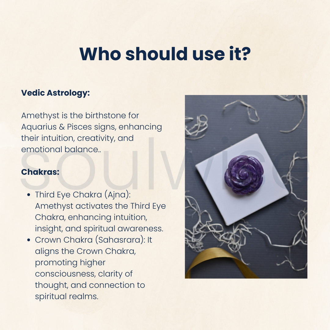 Amethyst Rose Flower with Healing Crystal Meaning Sticker – Hand-Carved Natural Amethyst Crystal Rose for Home Décor