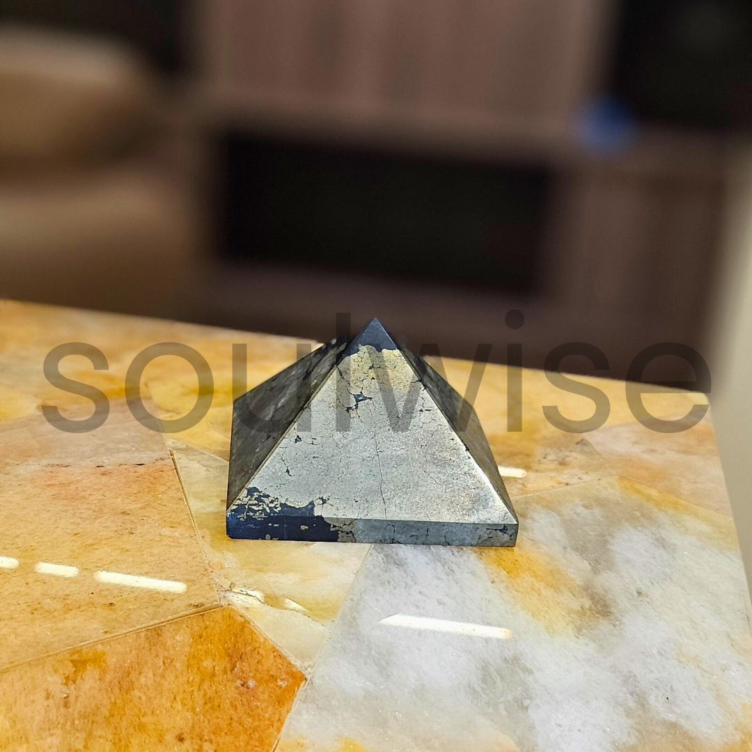 Soulwise Natural Pyrite Crystal Pyramid – Golden Energy Stone for Motivation, Focus & Harmonizing Spaces