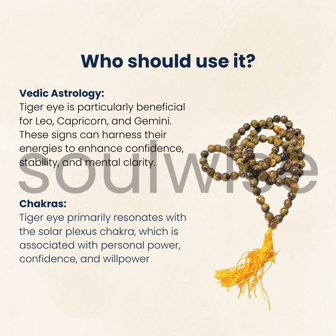 Soulwise Tiger’s Eye 8mm Jaap Mala – 108+1 Beads for Courage, Protection, Focus, Meditation & Mantra Chanting