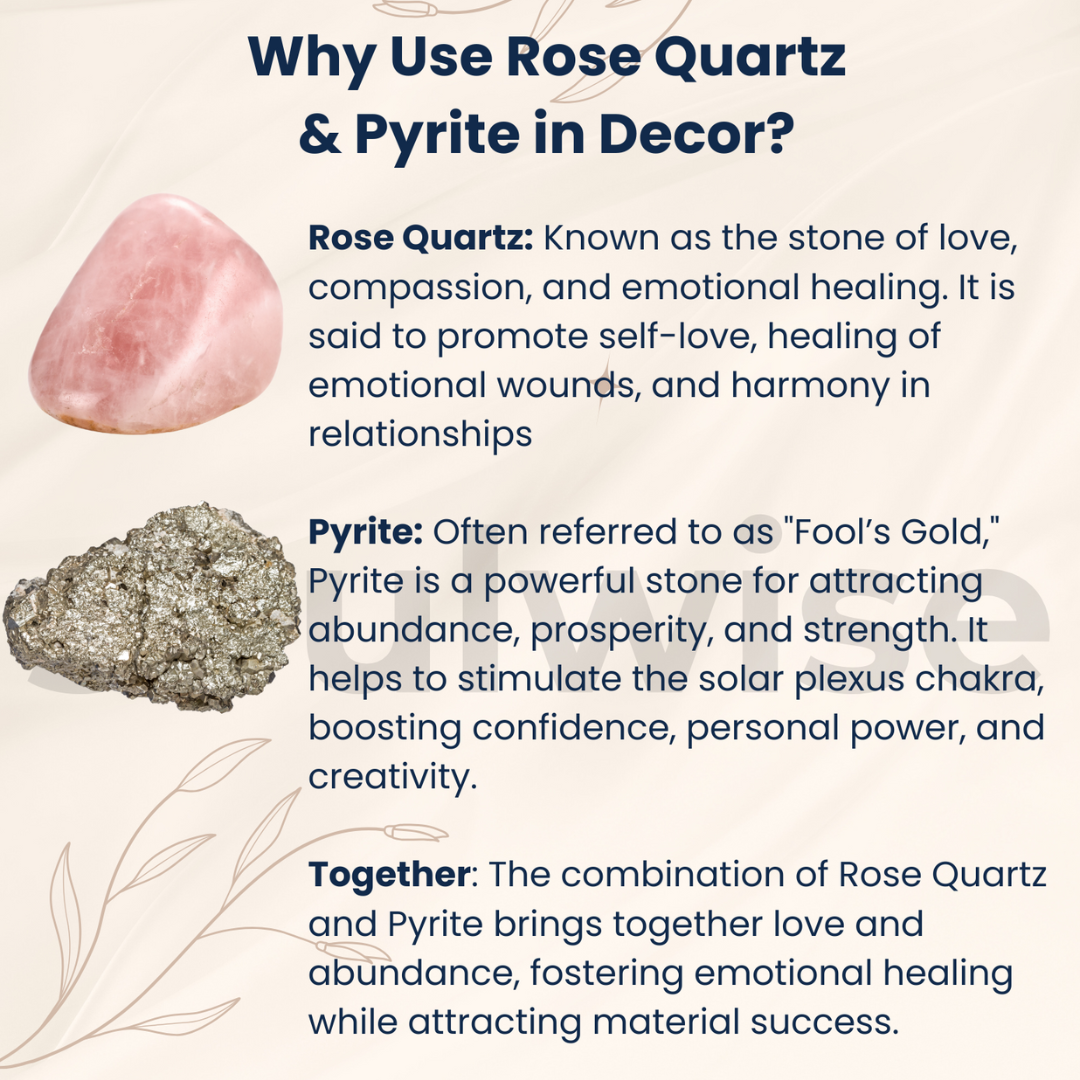 Soulwise Rakhi Gift for Brother – Rose Quartz & Pyrite Crystal Tree Set with Wooden Base (6") + Designer 7 Chakra Healing Stone Rakhi – Raksha Bandhan Special Combo Gift.