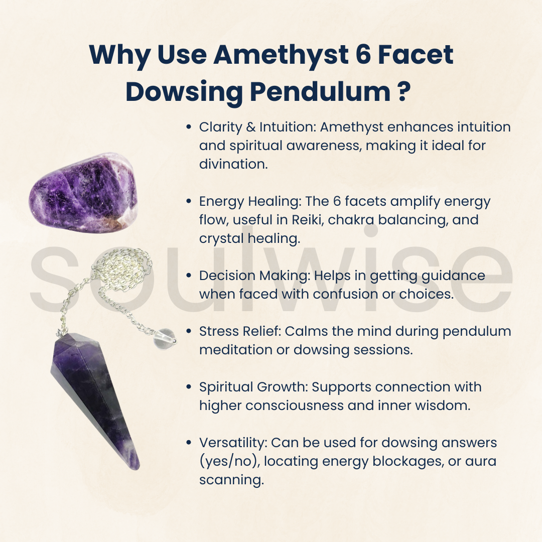 Amethyst Dowsing Pendulum – Natural 6-Facet Crystal for Reiki, Chakra Healing, Divination & Meditation – Includes Chain & Pouch