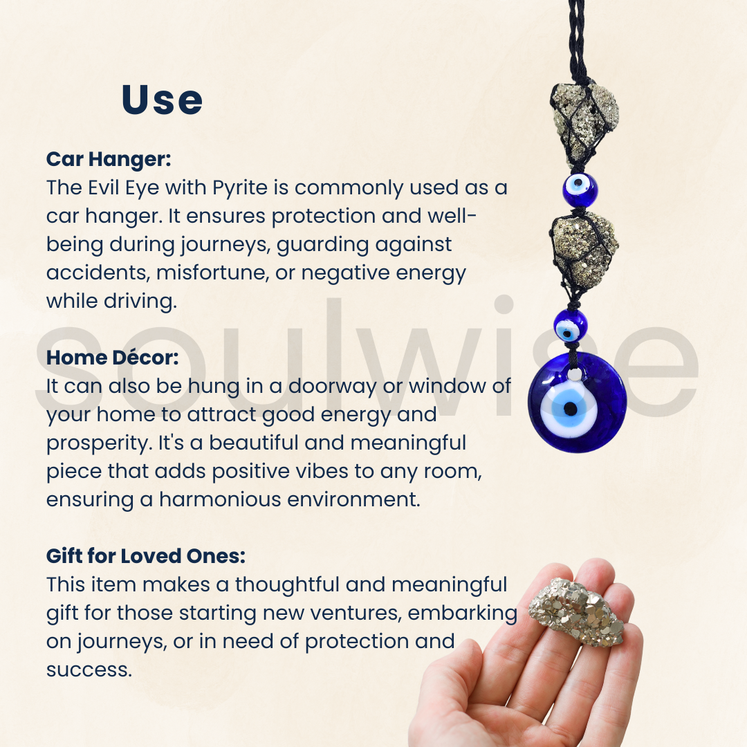 Natural Peru Pyrite Cluster Hanger with Evil Beads and Evil Eye Charm - Energy-Boosting Crystal for Wealth and Protection from Negative Energy - Home, Office, Car Hanger for Good Luck