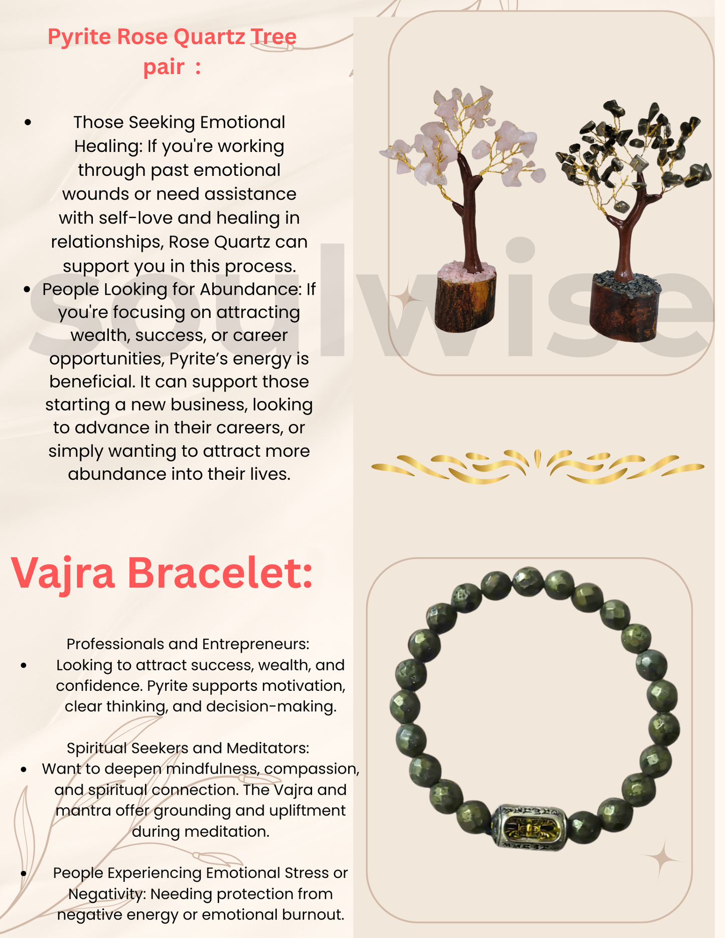 Soulwise Rakhi Gift Hamper for Brother – Pyrite & Rose Quartz Crystal Trees (6"), Pyrite & Vajra Bracelet – for protection and abundance