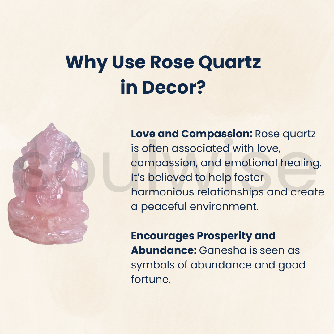 Soulwise Rose Quartz Ganesha 13cm Tall, Healing Crystal for Love, Compassion, Abundance and Positivity, Housewarming Gift Decor