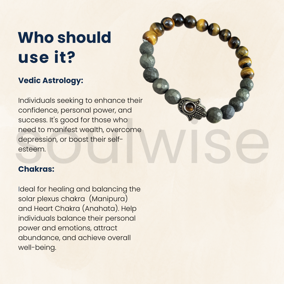 Soulwise Tiger's Eye and Pyrite Beads Bracelet with Hamsa Hand Charm, 8 mm, good luck, prosperity and protection.
