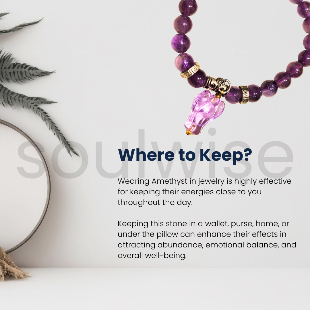 Amethyst 8mm Natural Crystal Healing Bracelet with Angel Charm