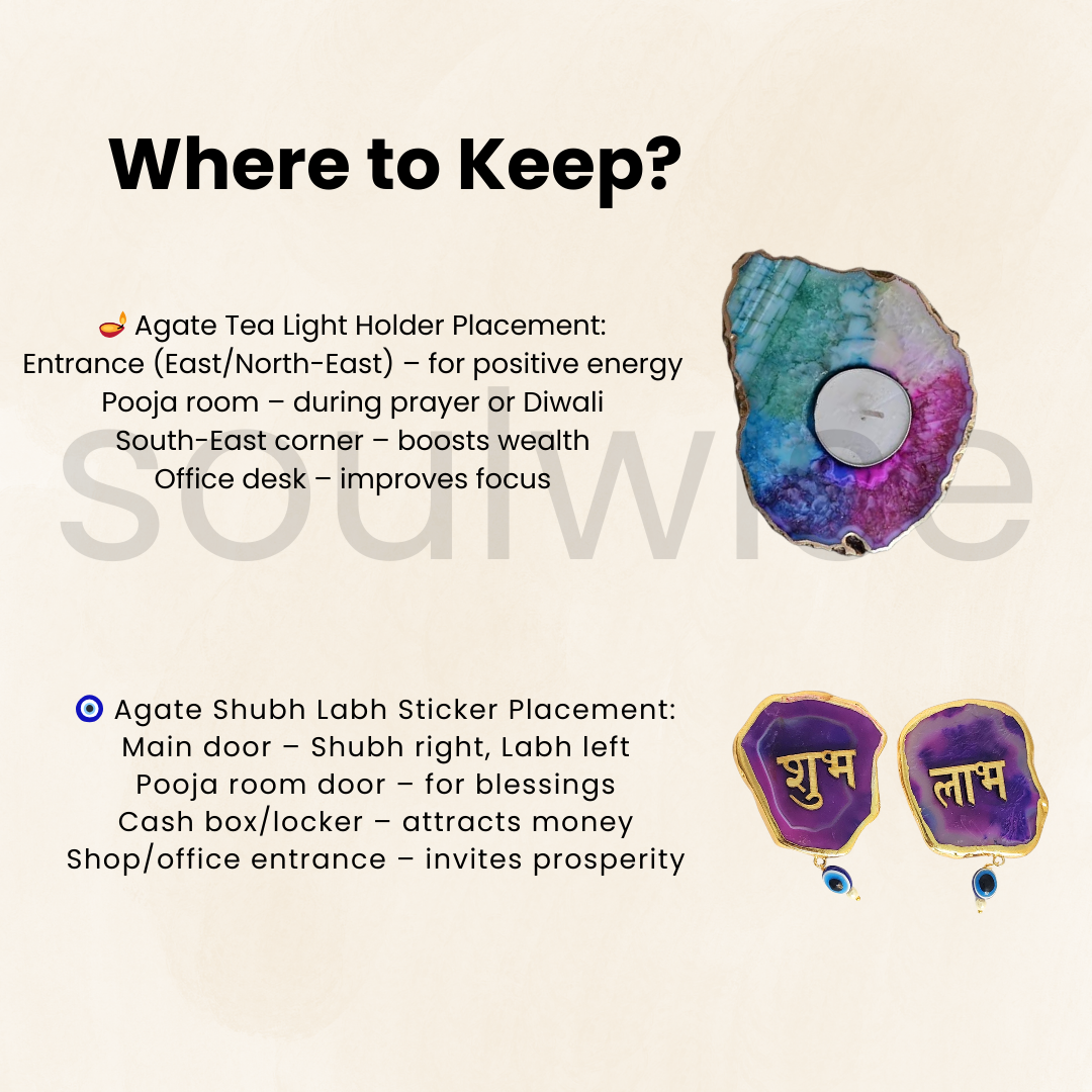 Diwali Agate Candle Holder & Shubh Labh Sticker Combo | Crystal Tea Light Holder & Decorative Agate Sticker Set for Home Entrance & Pooja | Festive Gift for Positive Energy & Vastu