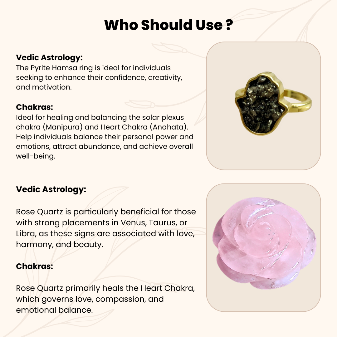 Rakhi Gift for Sister – Rose Quartz Crystal Flower & Pyrite Hamsa Ring – Protective Jewelry & Healing Decor Duo.