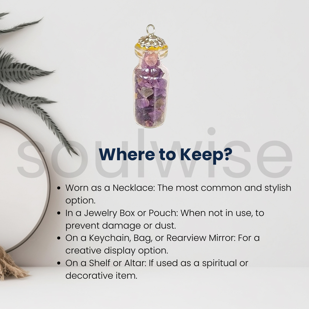Amethyst Mini Jar Necklace, Glass Wishing Chip Bottle Pendant, Natural healing crystal Pendant, Reiki Energized