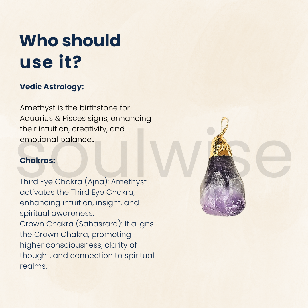 Soulwise Natural Raw Chevron Amethyst Stone Pendant for Healing & Meditation | Rough Cut Purple Crystal Locket for Women & Men (Golden).