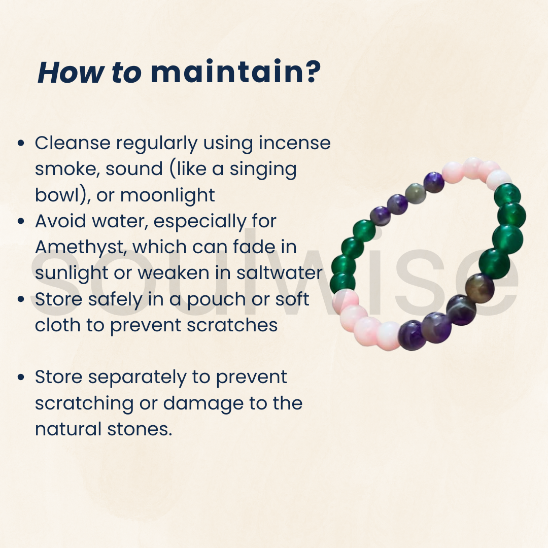 Soulwise Relationship Healing Crystal Bracelet: Amethyst, Rose Quartz & Green Aventurine for Harmony & Wellbeing , 8mm certified, unisex