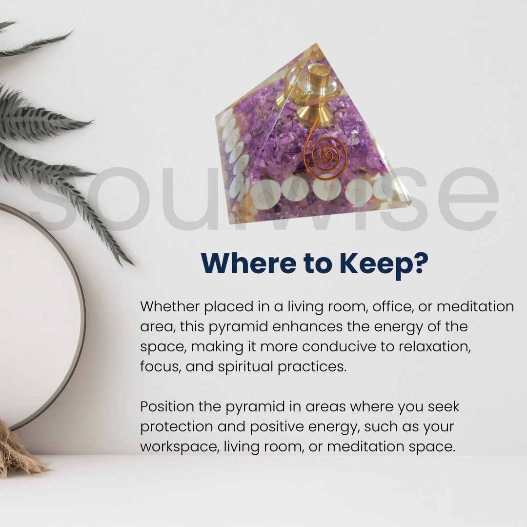 Soulwise Orgonite Pyramid with Amethyst Crystal, Gomti Chakra & Shivling – 7 cm Energy Generator for Vastu, Meditation, Healing & Home Decor
