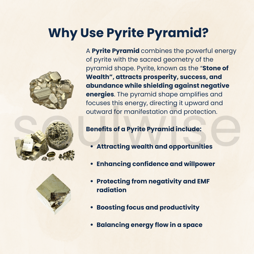 Soulwise Natural Pyrite Crystal Pyramid – Golden Energy Stone for Motivation, Focus & Harmonizing Spaces