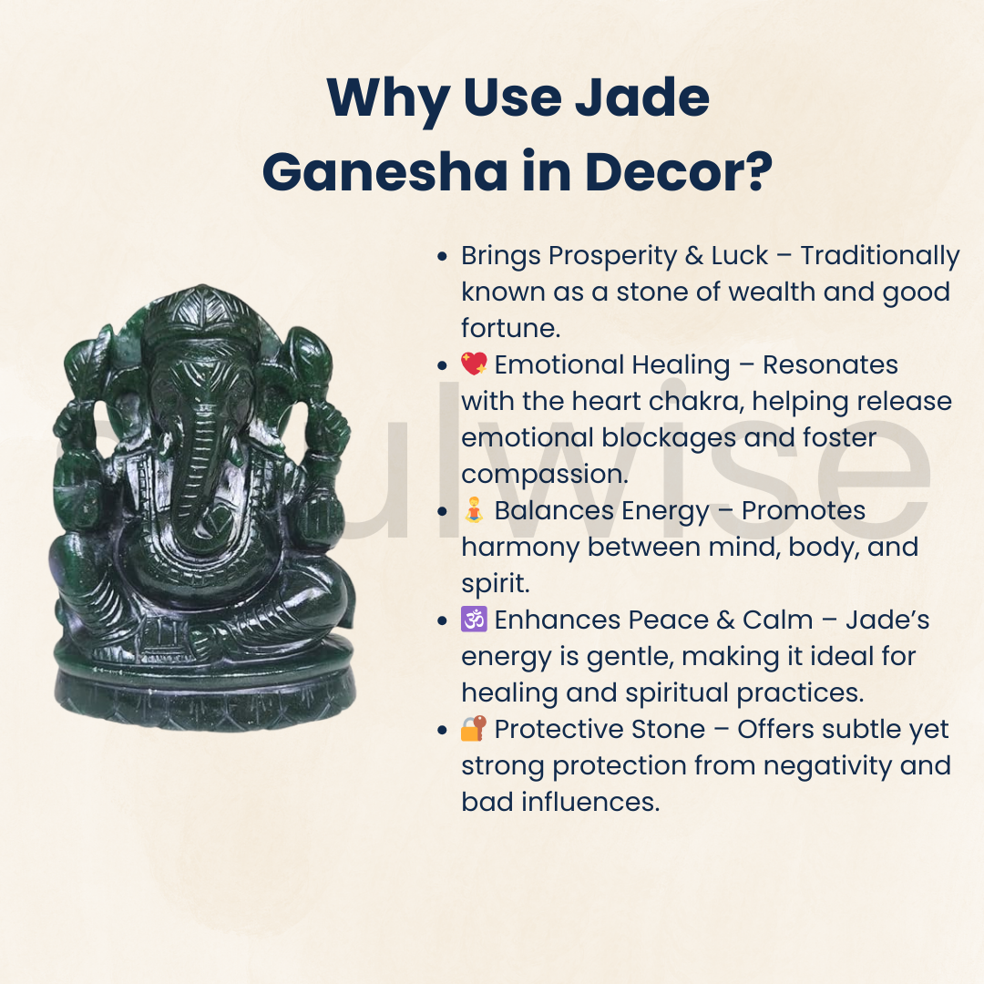 Soulwise Jade Ganesha Idol – 14 cm | Hand-Carved Green Jade Ganpati Statue for Prosperity, Healing & Heart Chakra Energy