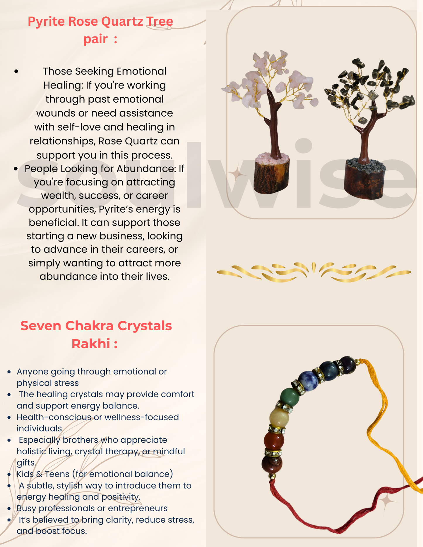 Soulwise Rakhi Gift Hamper for Brother – Pyrite & Rose Quartz Crystal Trees (6"), Pyrite & Vajra Bracelet – for protection and abundance