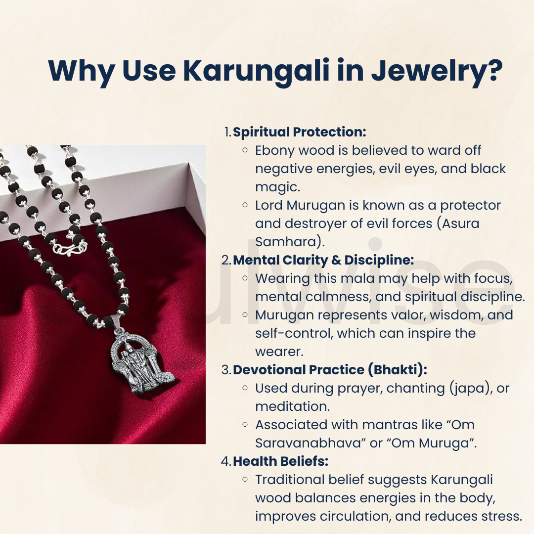 Karungali Mala with Lord Murugan Pendant – Handmade Ebony Wood Bead Necklace with Silver Alloy Pendant – Spiritual Protection Mala for Men & Women