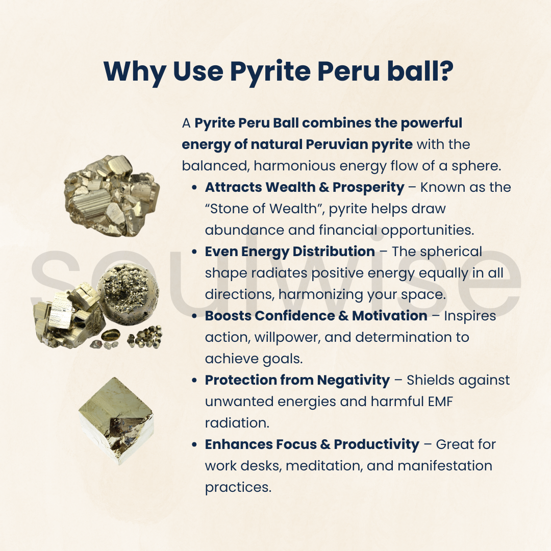 Soulwise Natural Peru Pyrite Crystal Sphere – Imported Golden Energy Stone for Motivation, Focus & Home Decor.