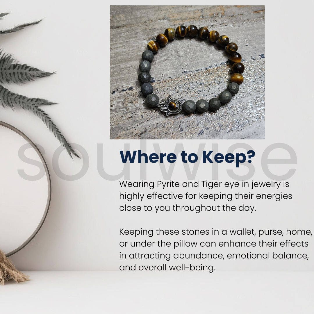 Soulwise Tiger's Eye and Pyrite Beads Bracelet with Hamsa Hand Charm, 8 mm, good luck, prosperity and protection.