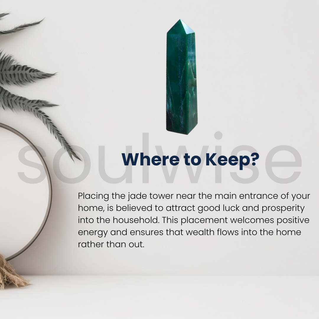 Soulwise Certified Natural Jade Tower – 6 Inch Feng Shui Crystal Obelisk | 450-500g Green Stone Energy Decor for Home, Office, Meditation & Healing