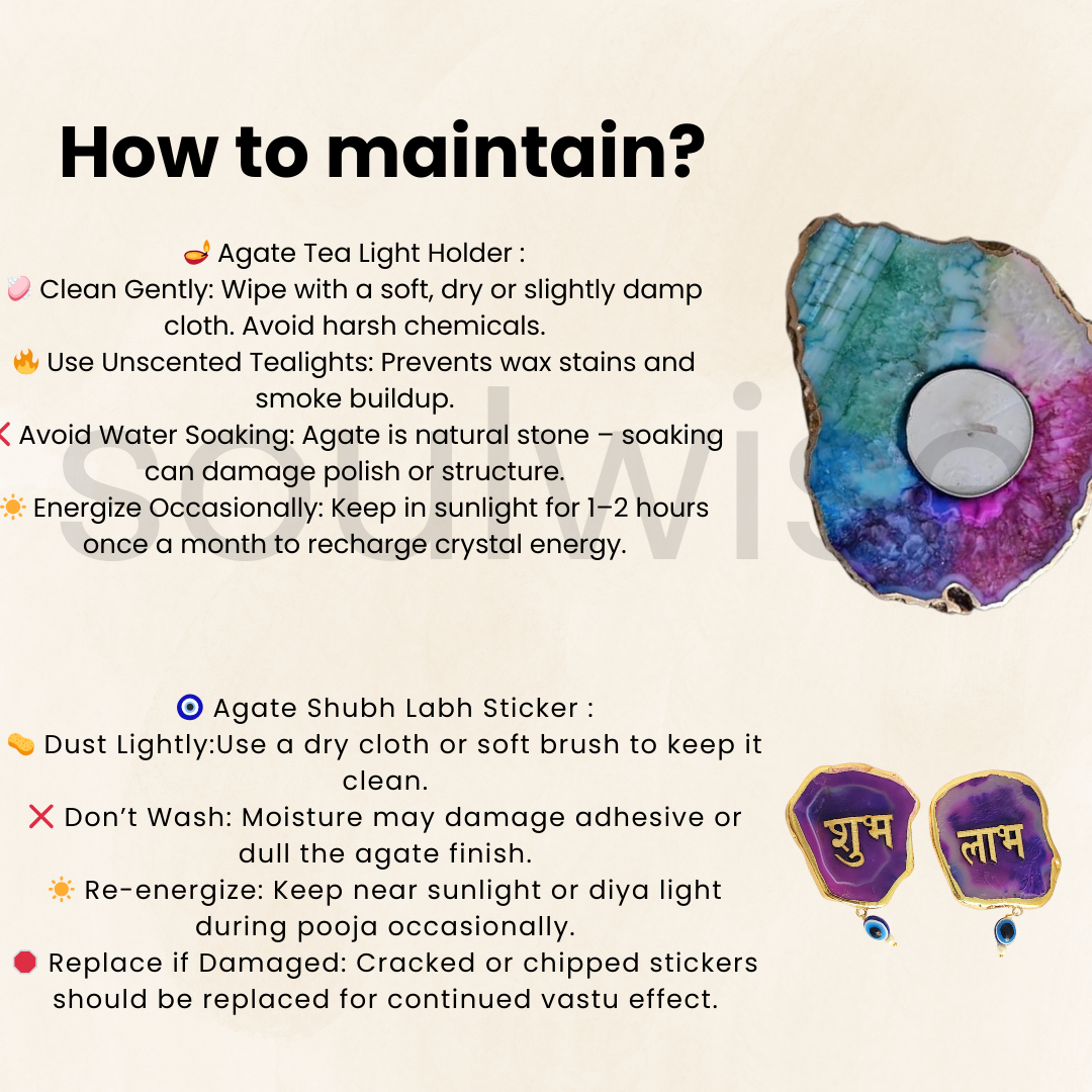 Diwali Agate Candle Holder & Shubh Labh Sticker Combo | Crystal Tea Light Holder & Decorative Agate Sticker Set for Home Entrance & Pooja | Festive Gift for Positive Energy & Vastu