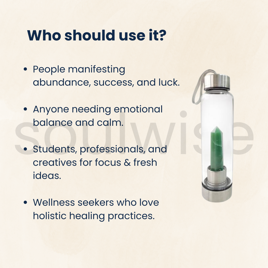 Green Aventurine Elixir Water Bottle 500 ml, Infused with Green Aventurine attract luck, abundance, healing crystal Point Pencil Leak Proof Stainless Steel Cap