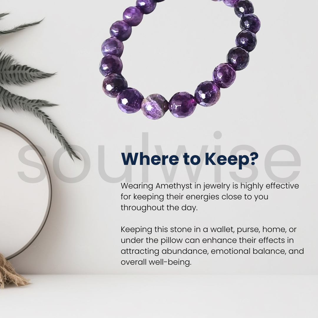 Amethyst Bracelet Faceted Beads 10mm, healing crystal reduce stress, promote peace
