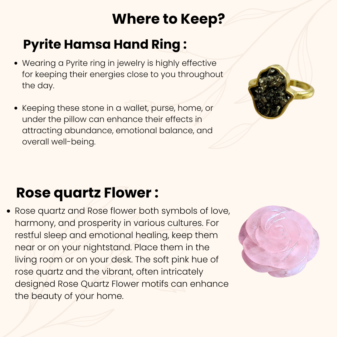 Rakhi Gift for Sister – Rose Quartz Crystal Flower & Pyrite Hamsa Ring – Protective Jewelry & Healing Decor Duo.