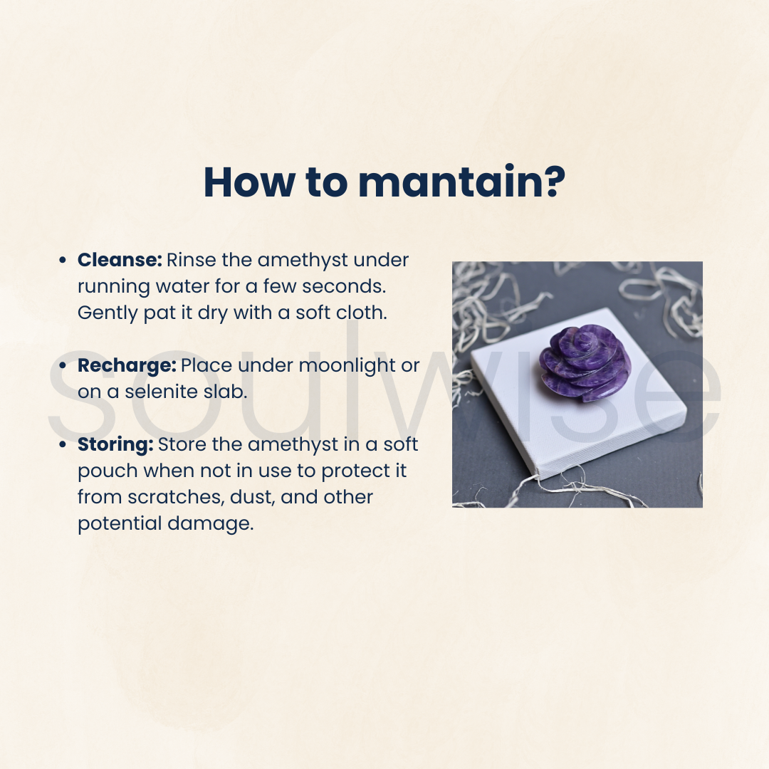Amethyst Rose Flower with Healing Crystal Meaning Sticker – Hand-Carved Natural Amethyst Crystal Rose for Home Décor