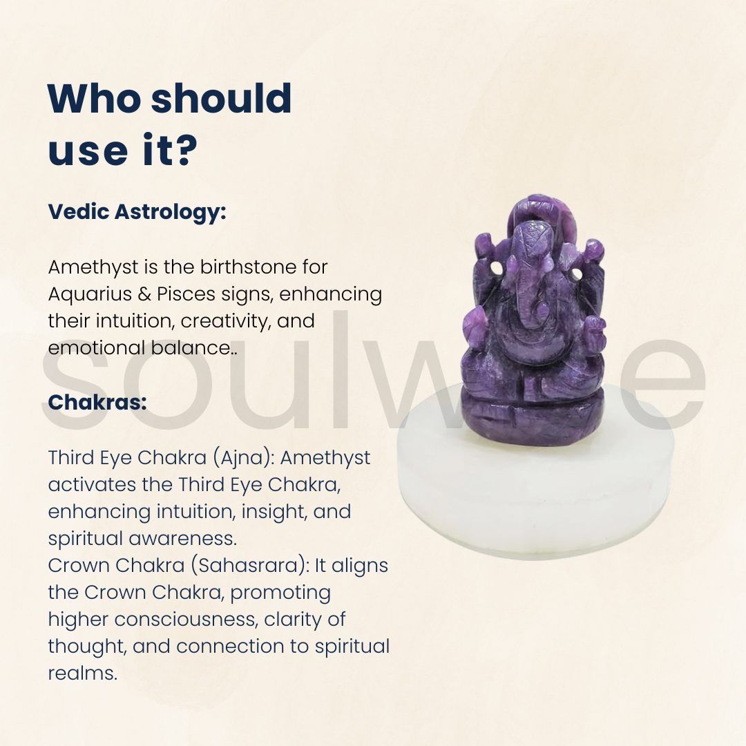 Soulwise Healing Amethyst Ganesha 2.5" for Peace, Success, Wealth and Happiness, Diwali Gift, Decor.