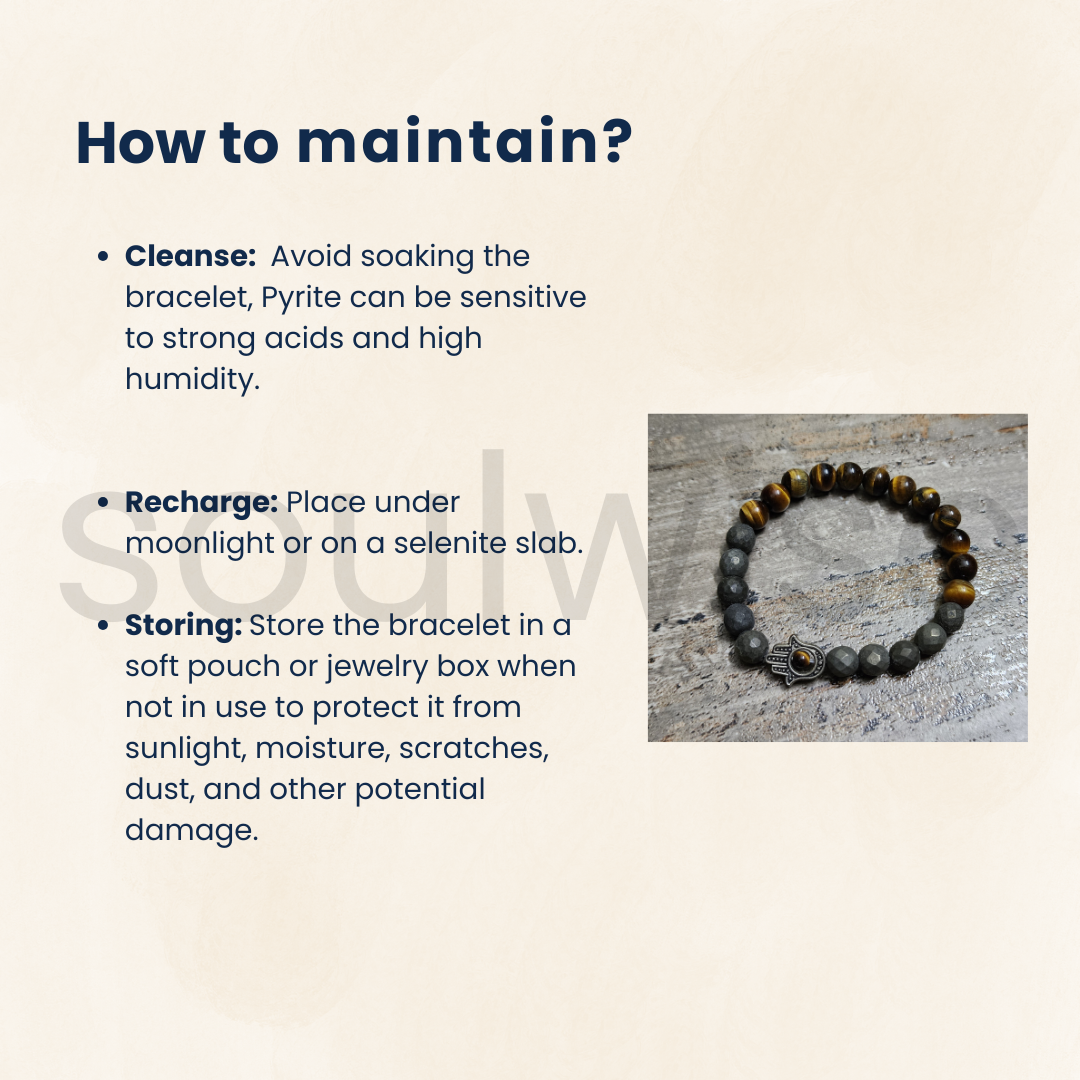 Soulwise Tiger's Eye and Pyrite Beads Bracelet with Hamsa Hand Charm, 8 mm, good luck, prosperity and protection.