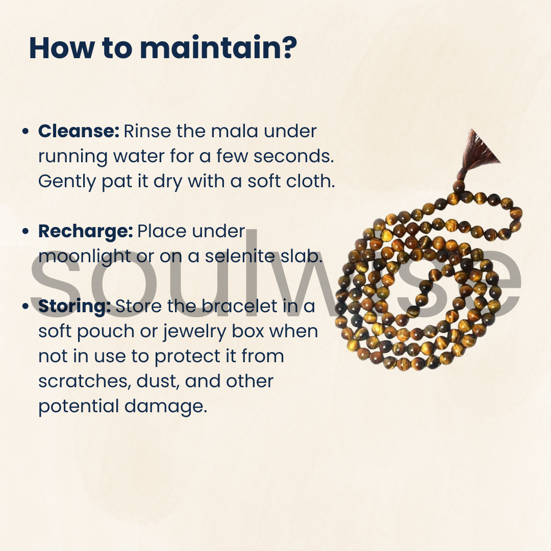 Soulwise Tiger’s Eye 8mm Jaap Mala – 108+1 Beads for Courage, Protection, Focus, Meditation & Mantra Chanting