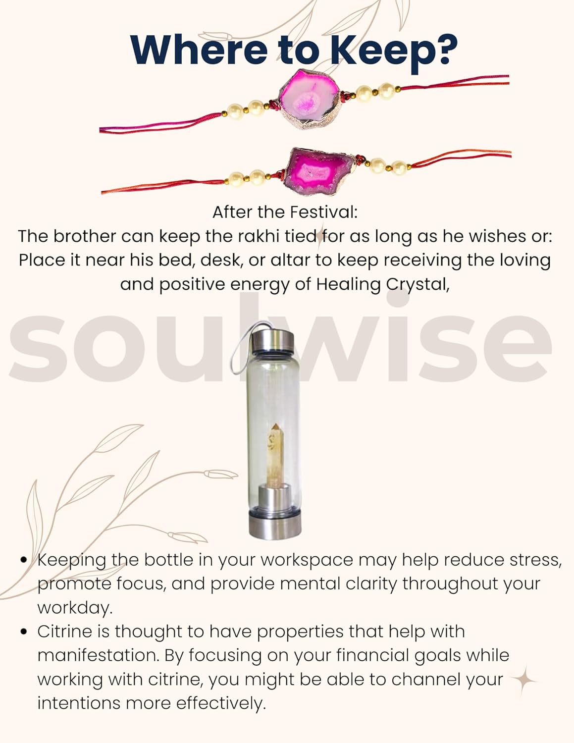 Rakhi Gift Hamper for Brother – Natural Agate Crystal Rakhi Band with Citrine Crystal Elixir Water Bottle (500 ml) – Spiritual Healing & Wellness Raksha Bandhan Combo.(Pack of 1 Rakhi & Bottle))