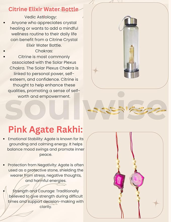 Rakhi Gift Hamper for Brother – Natural Agate Crystal Rakhi Band with Citrine Crystal Elixir Water Bottle (500 ml) – Spiritual Healing & Wellness Raksha Bandhan Combo.(Pack of 1 Rakhi & Bottle))
