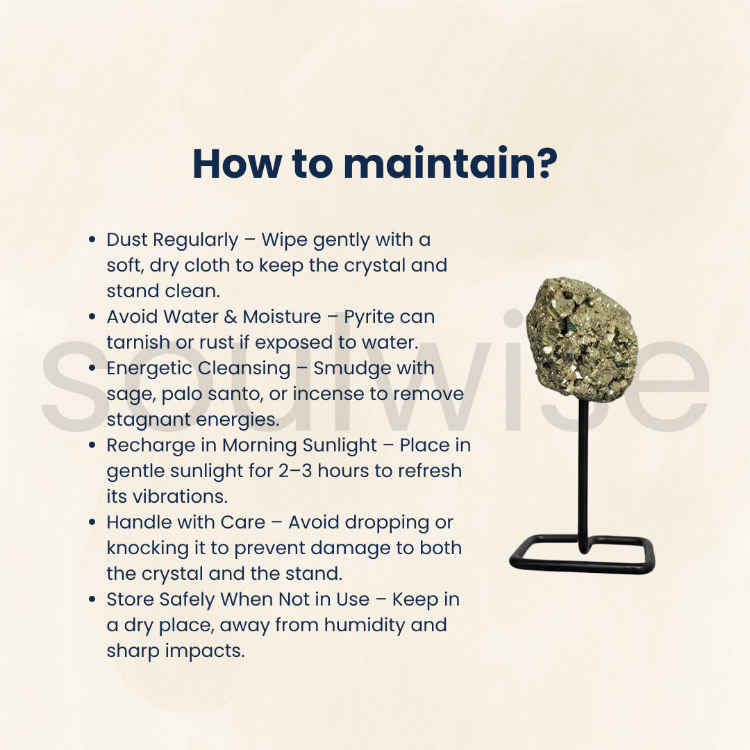 Soulwise Natural Pyrite on Metal Stand – 3" Golden Healing Crystal for Energy Balancing, Motivation & Table Décor