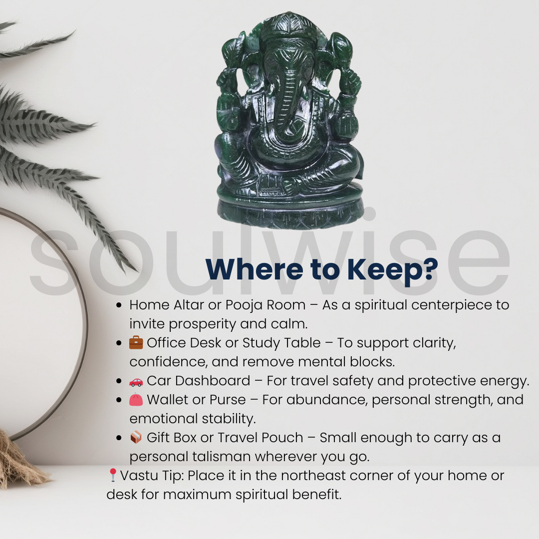 Soulwise Jade Ganesha Idol – 14 cm | Hand-Carved Green Jade Ganpati Statue for Prosperity, Healing & Heart Chakra Energy