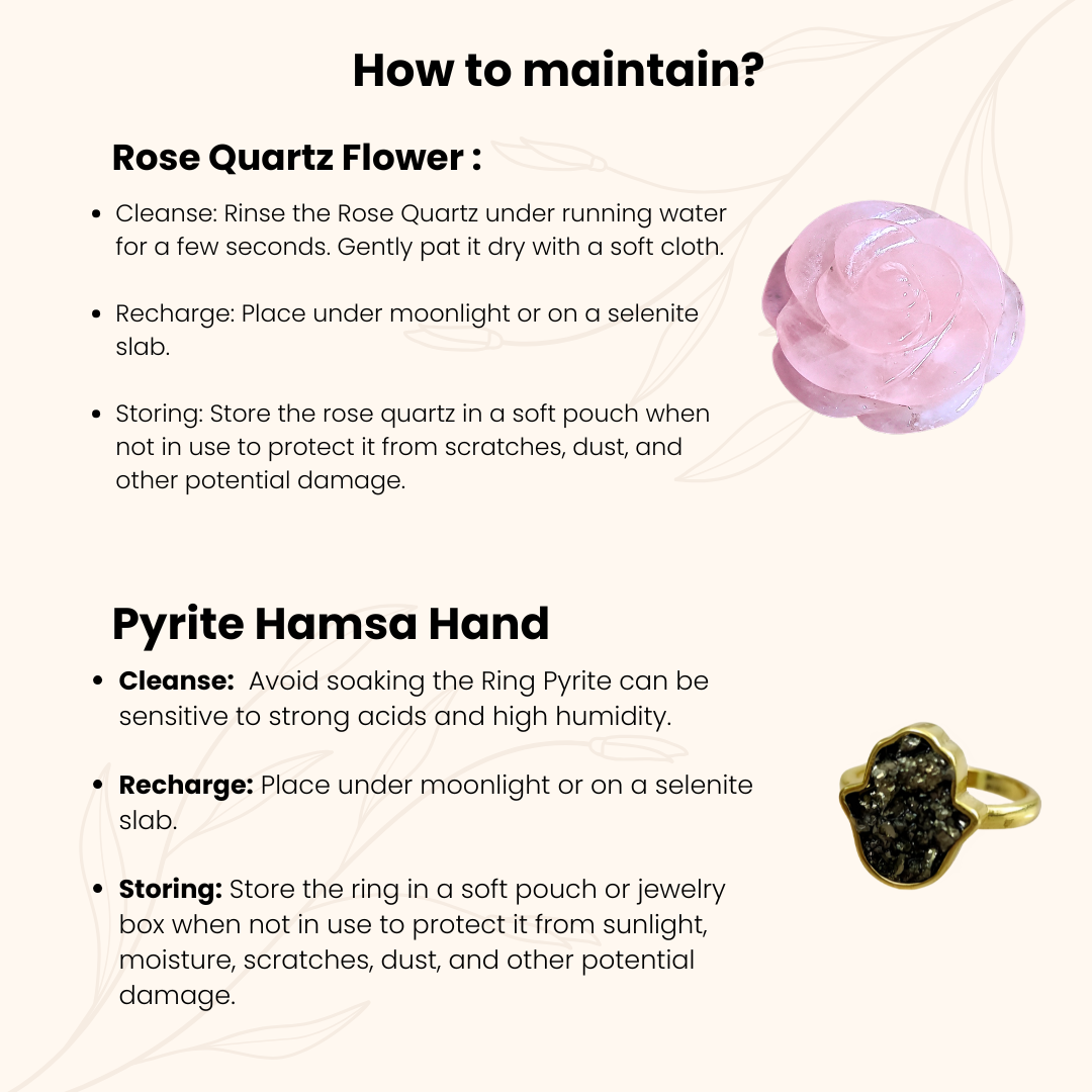 Rakhi Gift for Sister – Rose Quartz Crystal Flower & Pyrite Hamsa Ring – Protective Jewelry & Healing Decor Duo.