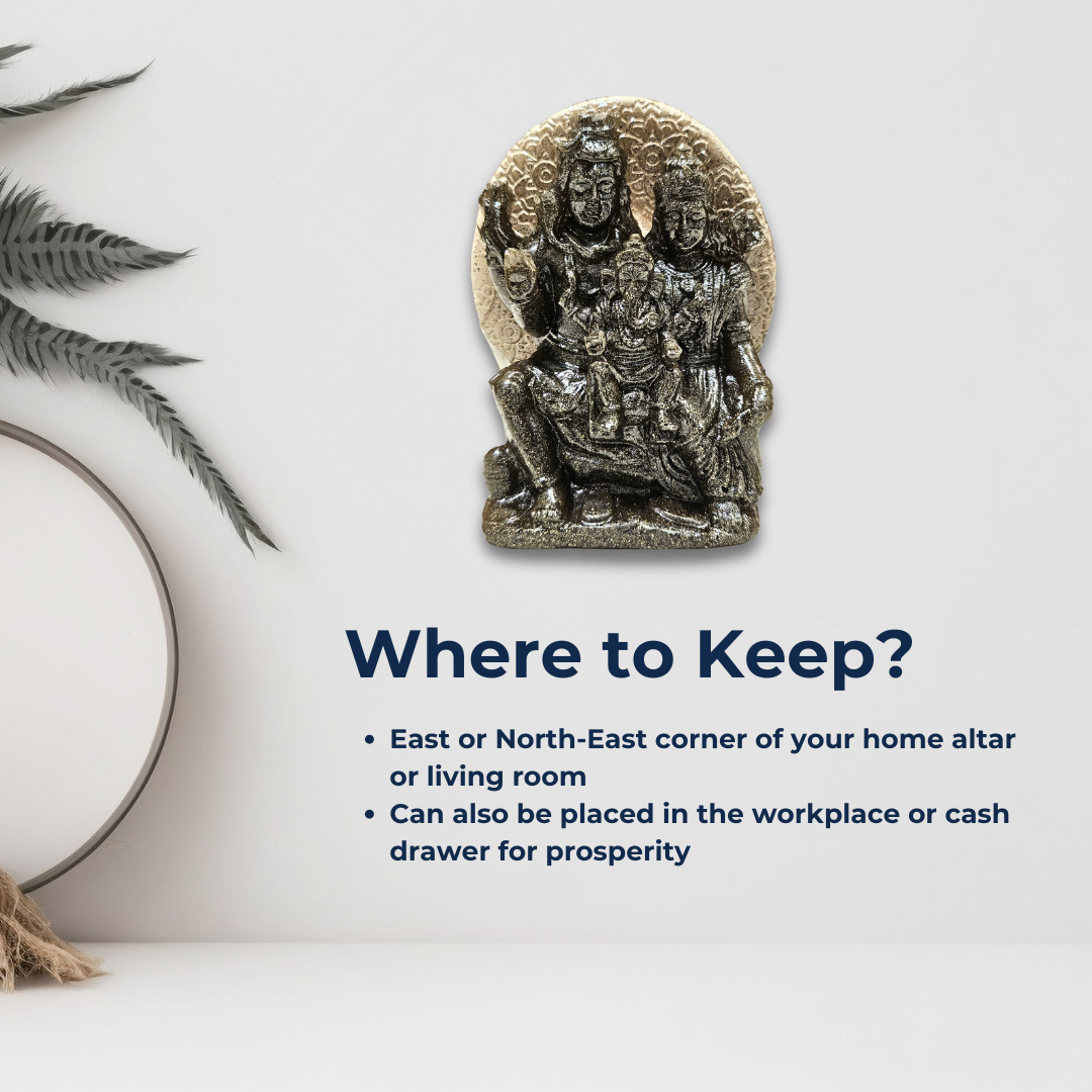 Divine Family Statue of Lord Shiva, Parvati, & Ganesha |Pyrite Shiva Parivar Idol | Prosperity & Protection Figurine for Home Temple, Vastu, Meditation & Spiritual Gifts.