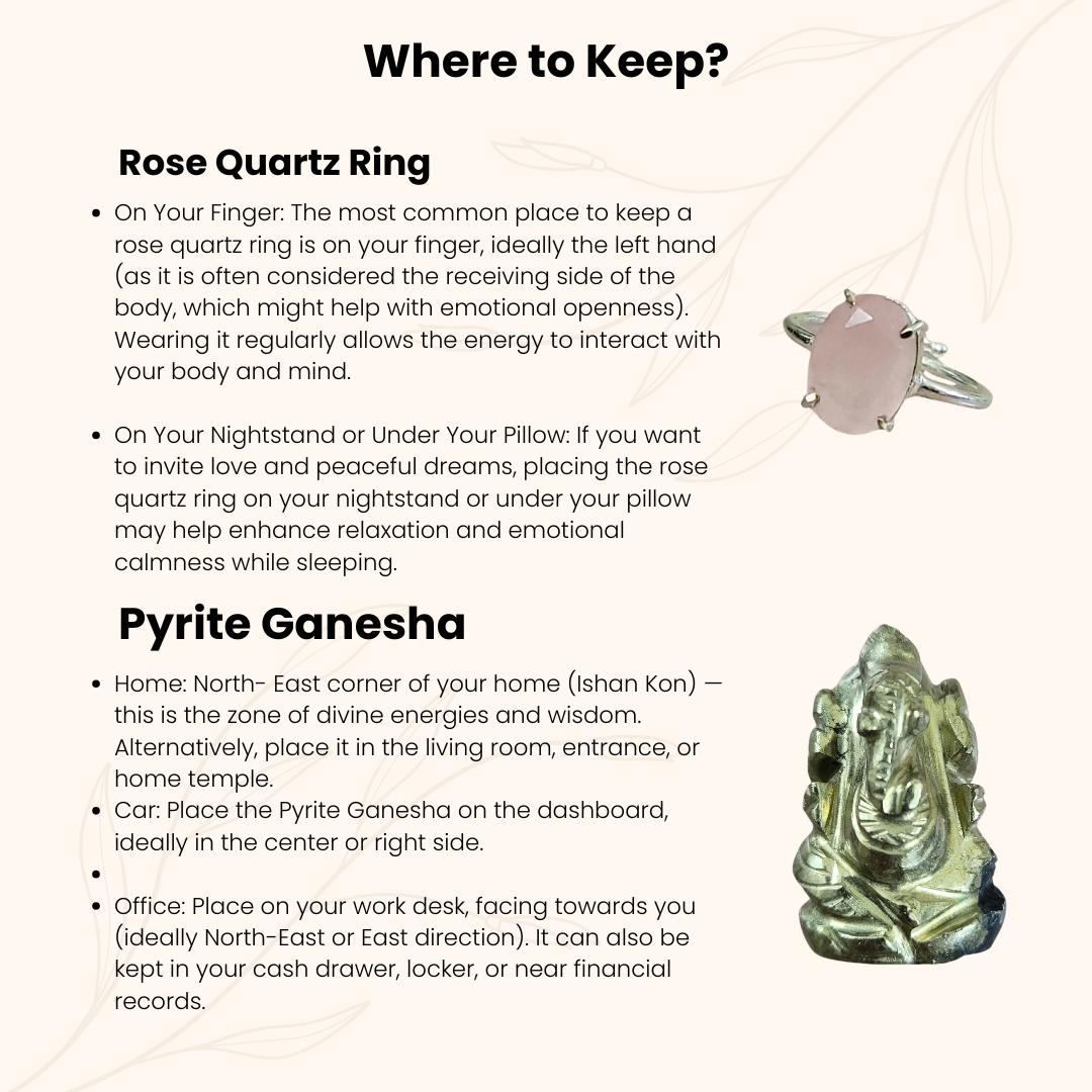 Divine Love Rakhi Gift for Sister – Pyrite Ganesha Idol for Blessings & Rose Quartz Healing Ring for Emotional Harmony (Adjustable, 16.69 Ct, Pink).