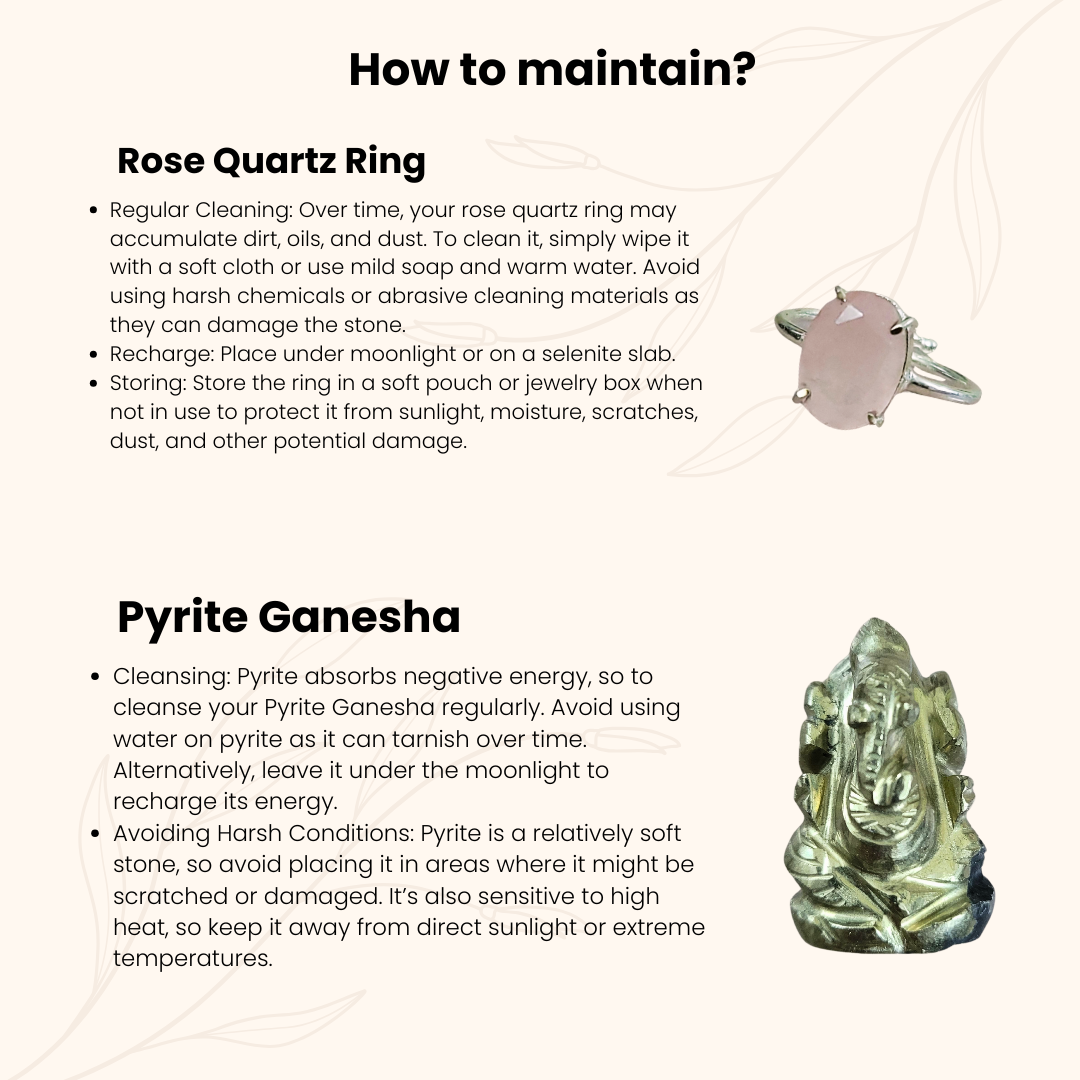 Divine Love Rakhi Gift for Sister – Pyrite Ganesha Idol for Blessings & Rose Quartz Healing Ring for Emotional Harmony (Adjustable, 16.69 Ct, Pink).