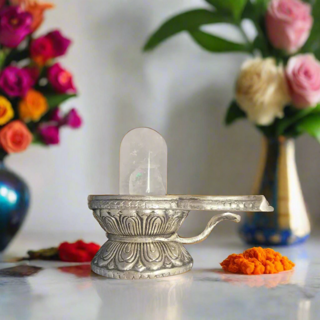Premium Clear Quartz Shivaling with Silver Plated Base - 600g Sacred Spiritual Artifact for Meditation & Worship. 📿𝗦𝗵𝗿𝗮𝘃𝗮𝗻 𝗦𝗽𝗲𝗰𝗶𝗮𝗹📿