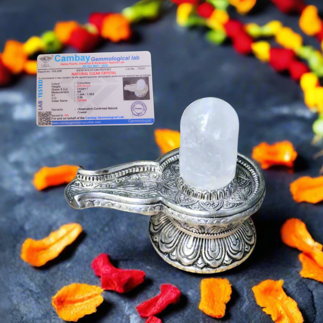 Premium Clear Quartz Shivaling with Silver Plated Base - 600g Sacred Spiritual Artifact for Meditation & Worship. 📿𝗦𝗵𝗿𝗮𝘃𝗮𝗻 𝗦𝗽𝗲𝗰𝗶𝗮𝗹📿