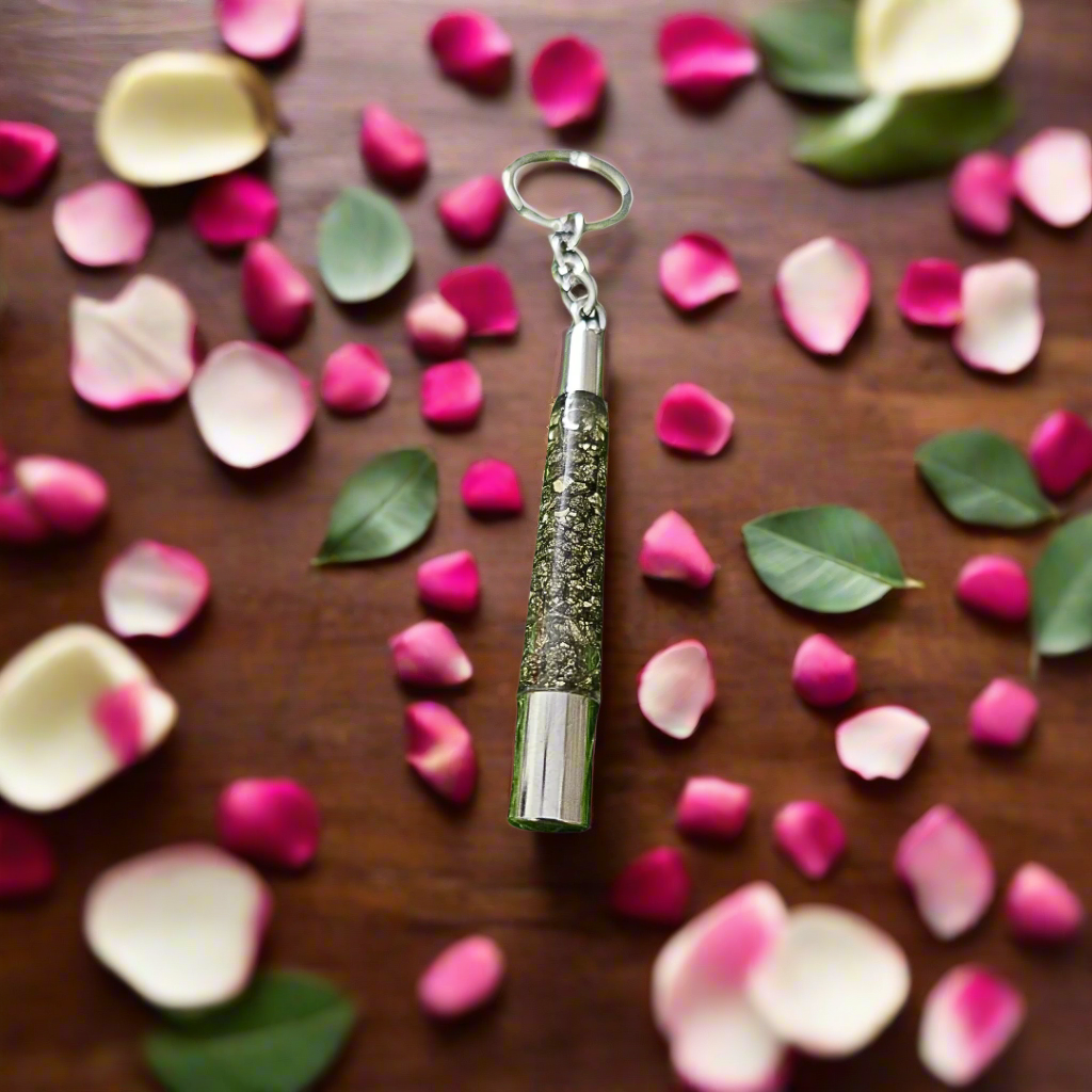 Pyrite Druzy Ethnic Pipe Keychain – 5.5" Handcrafted Tribal Jewelry with Natural Pyrite Crystal – Unique Boho Gift for Protection, Style & Energy Grounding