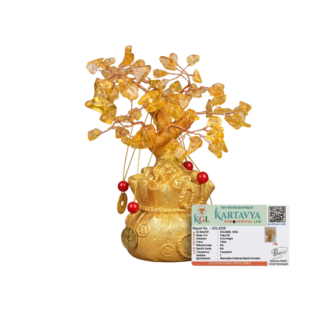 Bonsai Citrine Tree Money Tree Feng Shui,Gold Crystal Ornaments with 6 Hanging Coin Charms for Health, Wealth and Happiness((7 x 3 inch)