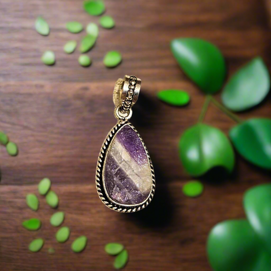 Raw Chevron Amethyst Teardrop Pendant – Natural Rough-Cut Purple & White Quartz Crystal Necklace Charm