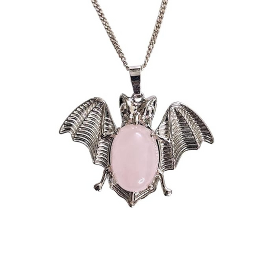 Soulwise Rose Quartz Crystal Bat symbol Pendant Necklace for Protection, Good Luck, healthy relationships and family growth, Unisex Gift