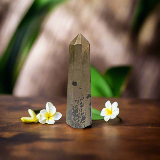 Soulwise Imported Natural Pyrite Crystal Tower Point – Golden Energy Stone for Focus, Motivation & Home Decor.