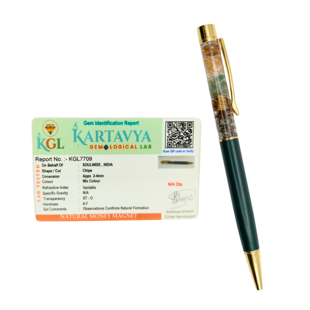 Dhan Yog Crystal Pen with Natural Gemstone Chips Money Magnet Prosperity Pen